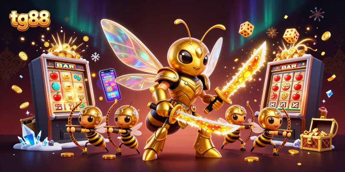 TG88 showcases a vibrant casino scene with a golden hornet and exciting slot machines, engaging players in thrilling games.