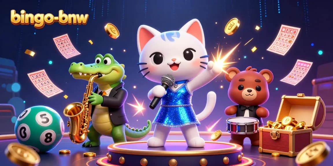 Bingo-bnw offers a vibrant 3D illustration of a jazz-singer cat and friends amidst jackpot game elements.