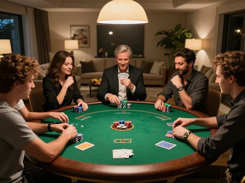 GEN88 poker night with friends around a green felt table, showcasing camaraderie and strategy.