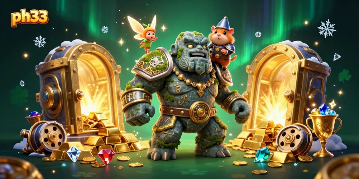 Experience excitement with ph33's captivating golem, fairy, and knight surrounded by treasure.