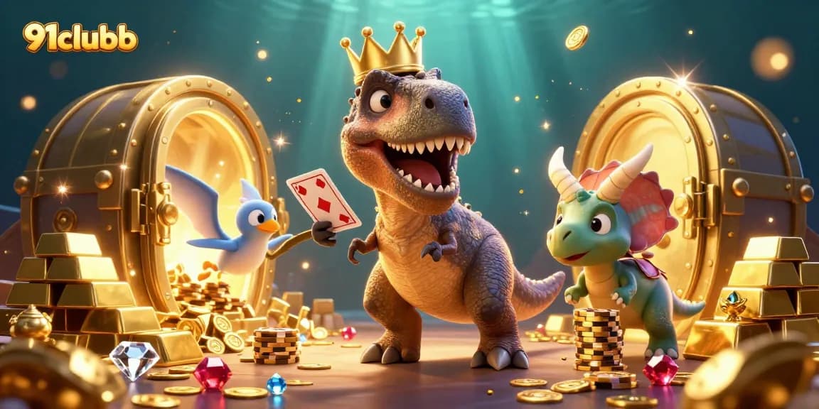 Join 91clubb's vibrant gaming adventure with a T-Rex shuffling cards and treasures all around!