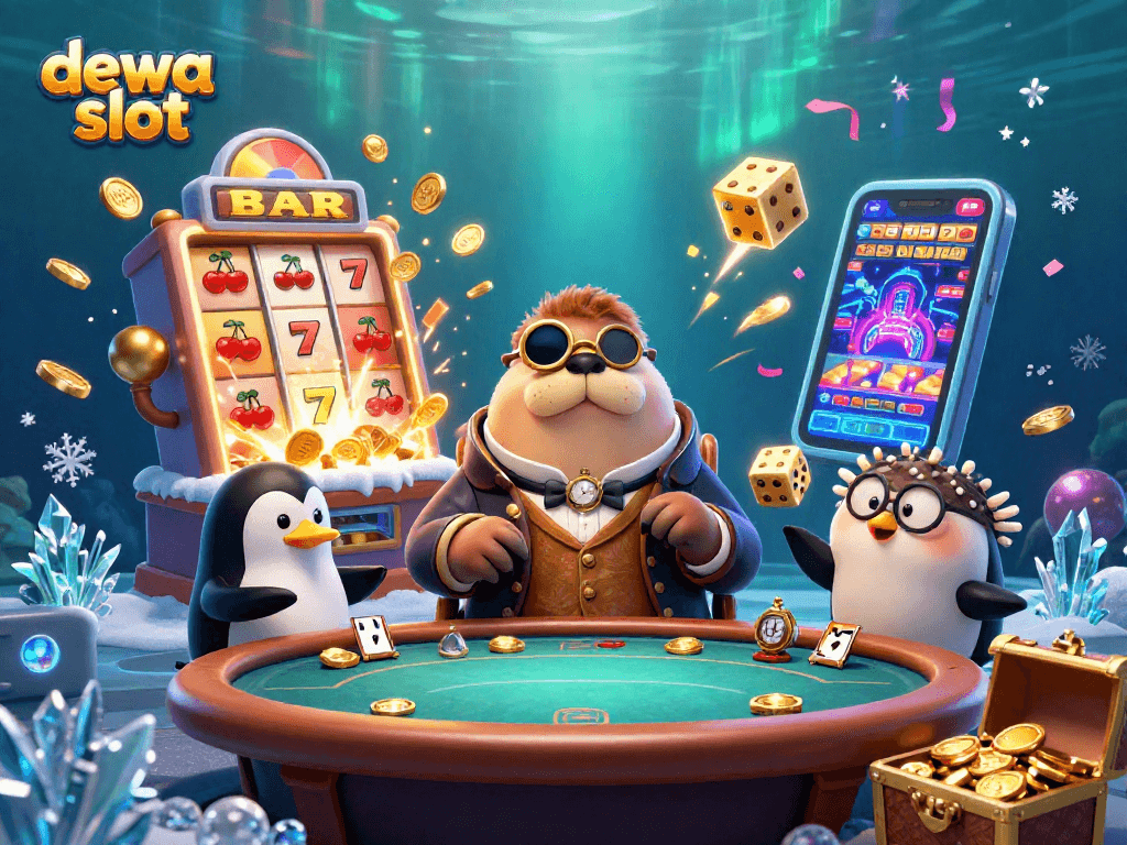 Experience the thrill of dewa slot gaming at an underwater poker table with dynamic casino elements.