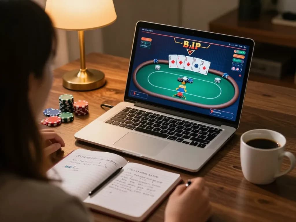 F168 user engaging in an online poker game, showcasing gaming strategy and a cozy atmosphere