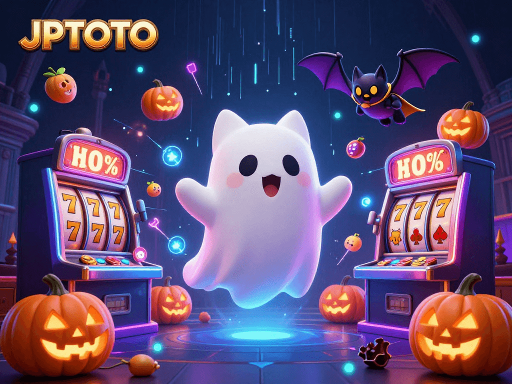 Experience thrilling gameplay with JPTOTO's dynamic ghost cat and vampire bat in a haunted casino scene.