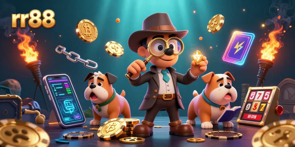 Spin to win with rr88: A vibrant illustration of a detective duo exploring a treasure of poker clues.