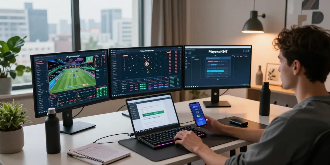 Playexch247 online cricket betting platform with cryptocurrency exchange interfaces and live sports odds in a tech workspace.