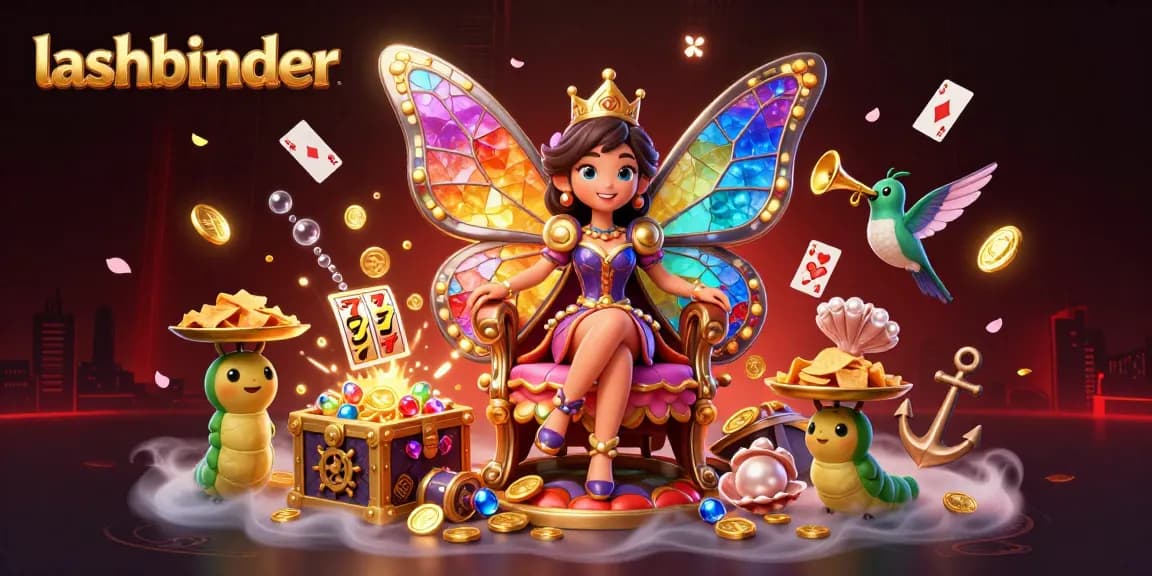 Experience thrilling wins at lashbinder with vibrant characters and slot elements in a richly detailed casino scene.