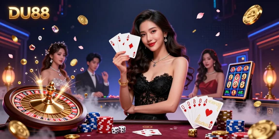 Engage with DU88's vibrant casino atmosphere, featuring an elegant woman holding ace cards amidst dynamic gaming elements.