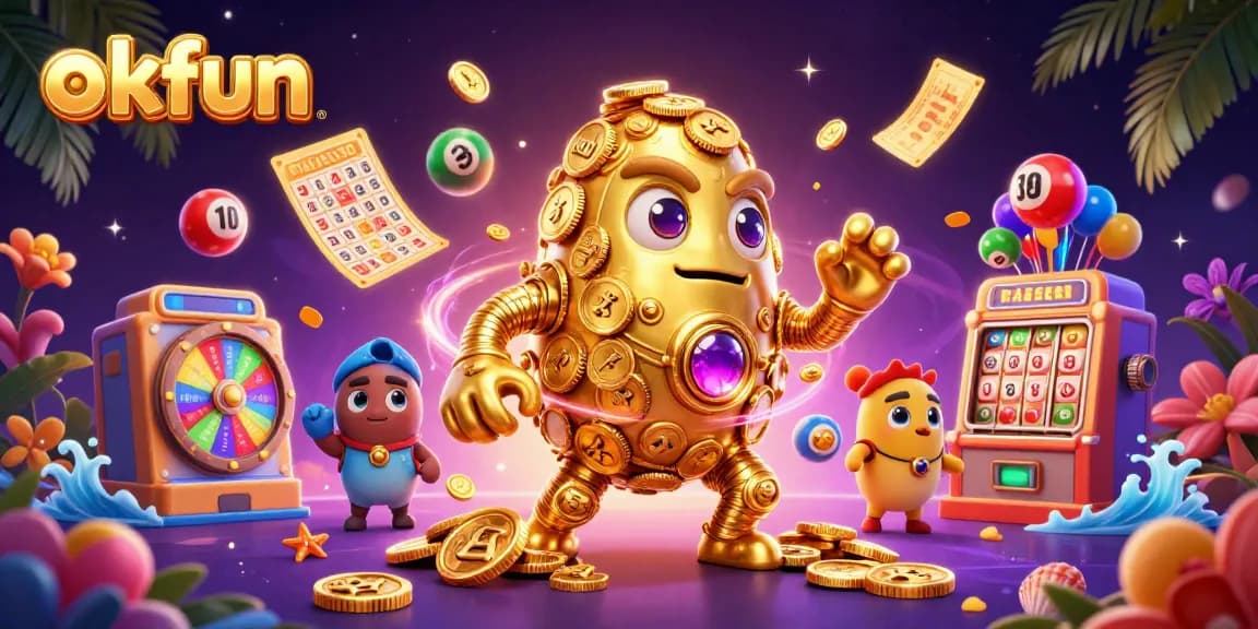 Spin and win with okfun's innovative slot-themed 3D illustration showcasing vibrant casino elements.
