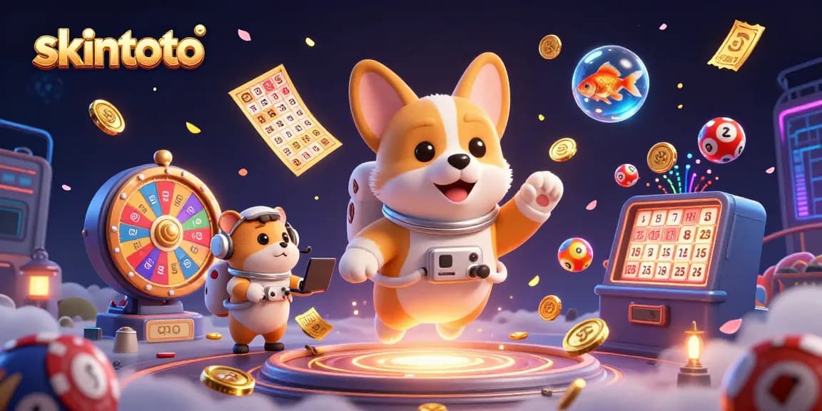 Menangkan hadiah besar di skintoto dengan corgi astronot, bola lotere, dan kartu bingo yang mengelilingi slot kasino luar angkasa.
