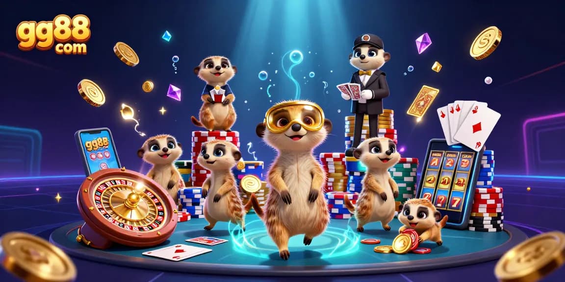 Experience the excitement of gg88 com with meerkats running a vibrant casino operation showcasing games and fun.