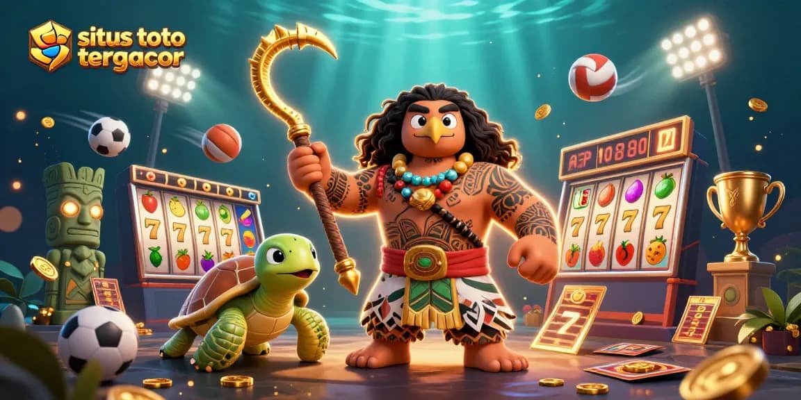 Engage with situs toto slot tergacor through a vibrant 3D illustration featuring dynamic slot reels and sports action.