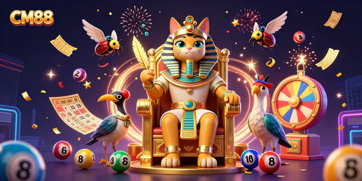 Feel the thrill at CM88 with the animated Egyptian pharaoh cat leading the way in a vibrant casino scene.