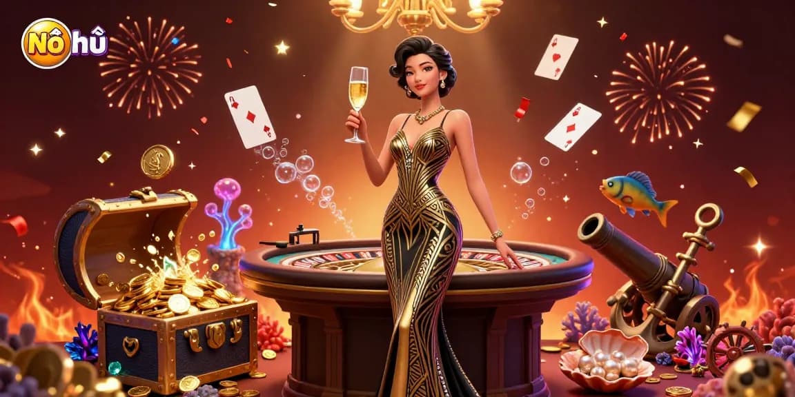 Experience the thrill of Nổ hũ with golden treasures and lively casino elements in an engaging scene.