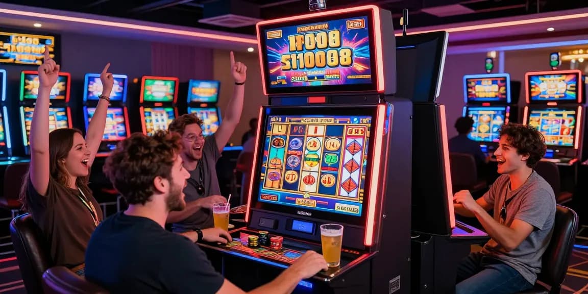 Excited players engaged in สมัครfun88 online casino slots with vibrant colors and lively atmosphere.