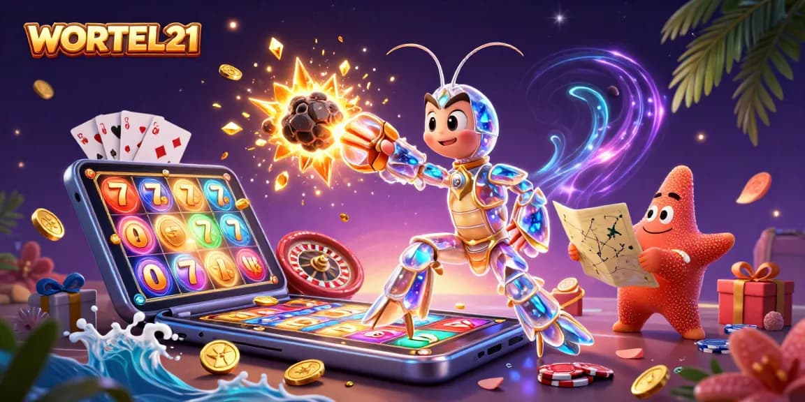 WORTEL21 showcases a dynamic scene of a mantis shrimp and starfish in a vibrant casino setting filled with games.