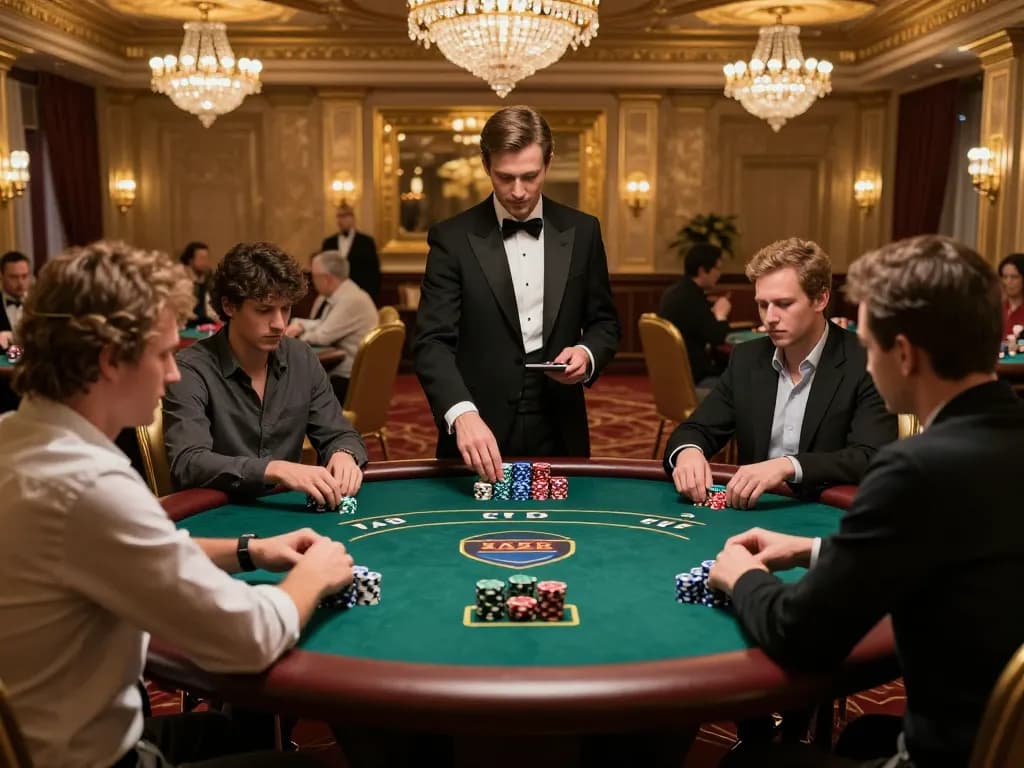 Các người chơi B52club đang lập chiến lược trong một phòng poker sang trọng với các chip và thẻ bài