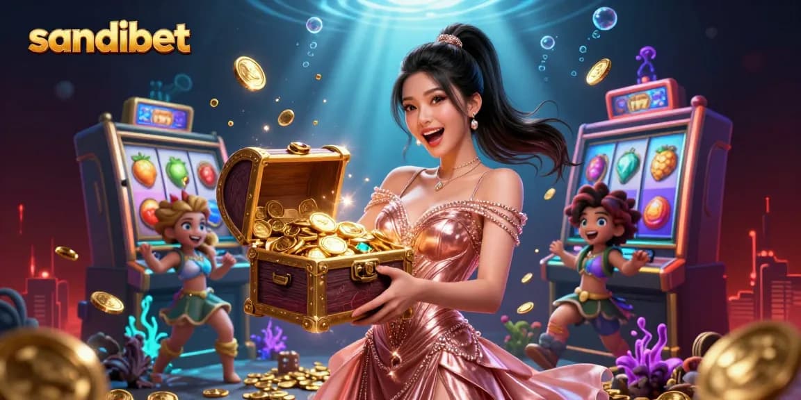 Rasakan permainan mendebarkan dengan sandibet yang menampilkan seorang wanita ceria yang mengungkap harta dari peti di tengah elemen kasino yang berwarna-warni.