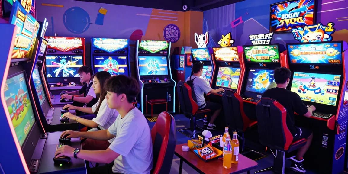 Gaming enthusiasts enjoying gacha168 at a lively arcade, surrounded by neon lights.