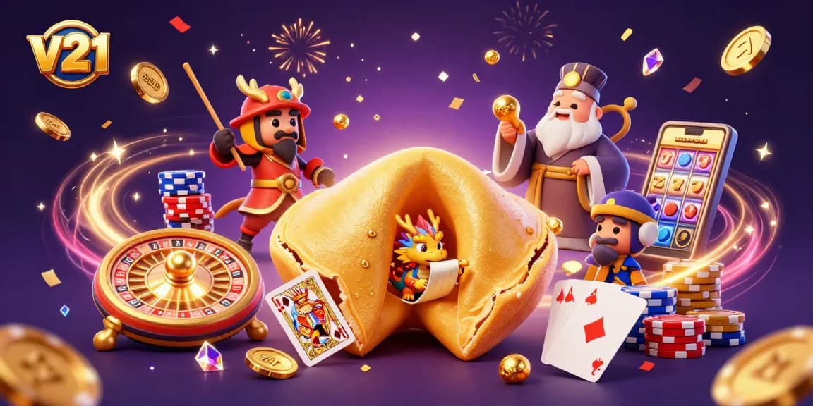Menyemarakkan pesta kemenangan v21 dengan karakter unik dalam ilustrasi kasino 3D yang dinamis.