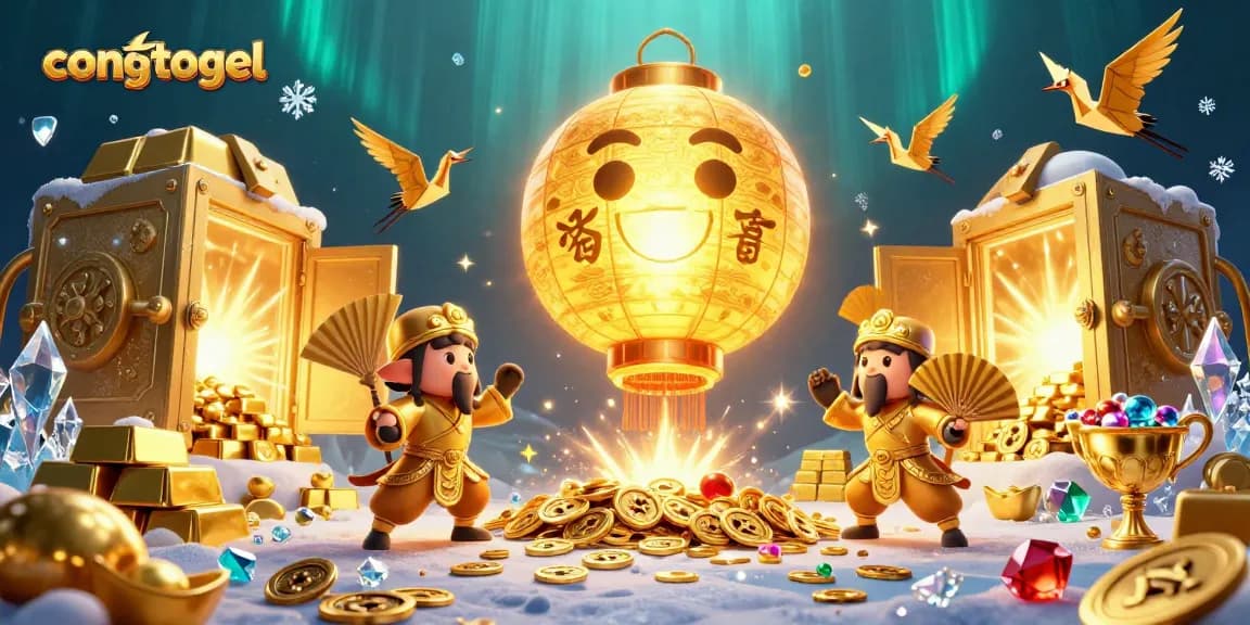 Experience congtogel excitement with a vibrant 3D illustration featuring golden lantern spirit and riches.