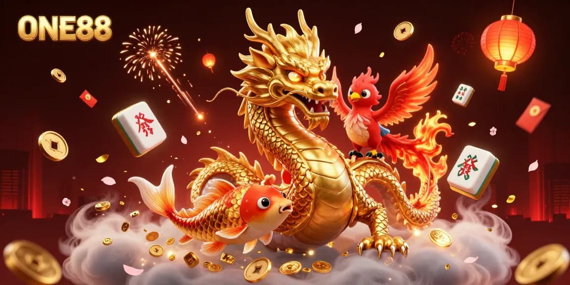 Experience the excitement of ONE88 with a vibrant 3D scene featuring a Chinese dragon, phoenix, and koi fish surrounded by lucky charms.