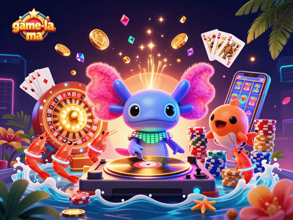 Experience thrill with game-la-ma's vibrant axolotl DJ and glowing casino elements in a carnival of fun.