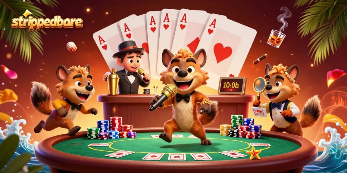 Menangkan permainan di strippedbare dengan karakter hyena lucu di kasino penuh warna, meriah dengan chip dan dek kartu.