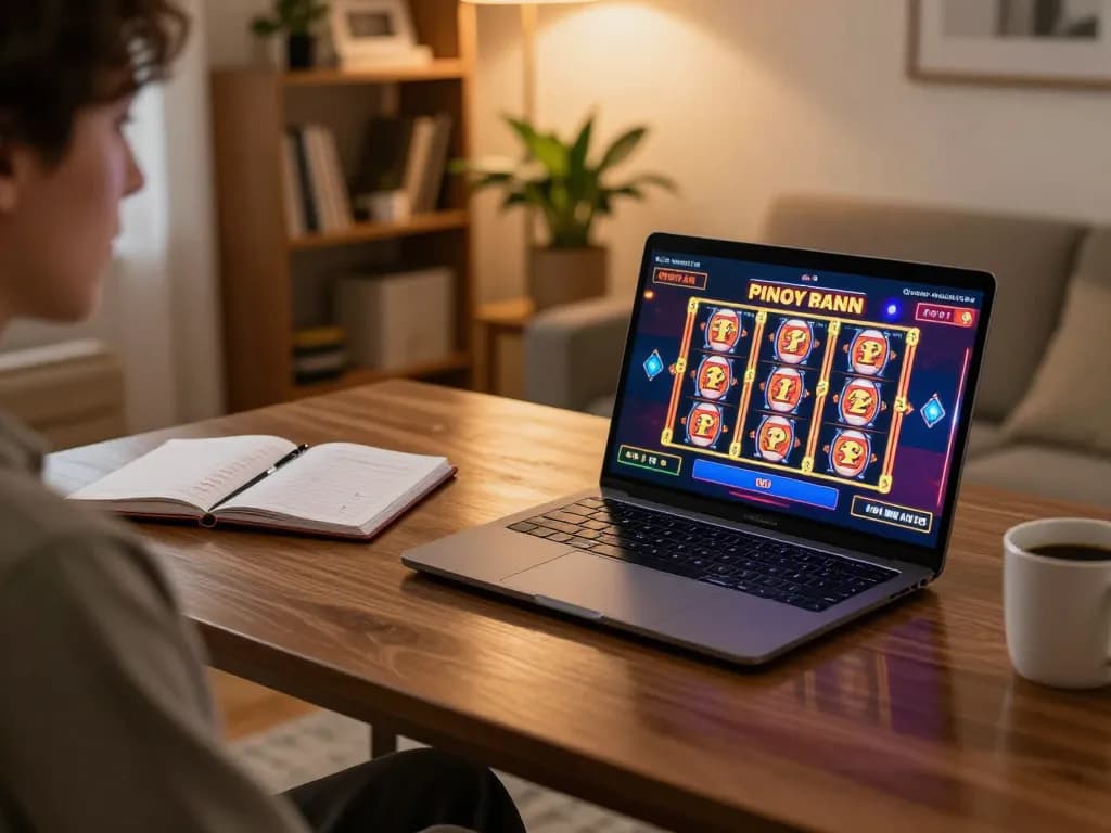 Player enjoying a Pinoy casino game on a laptop in a cozy home office.