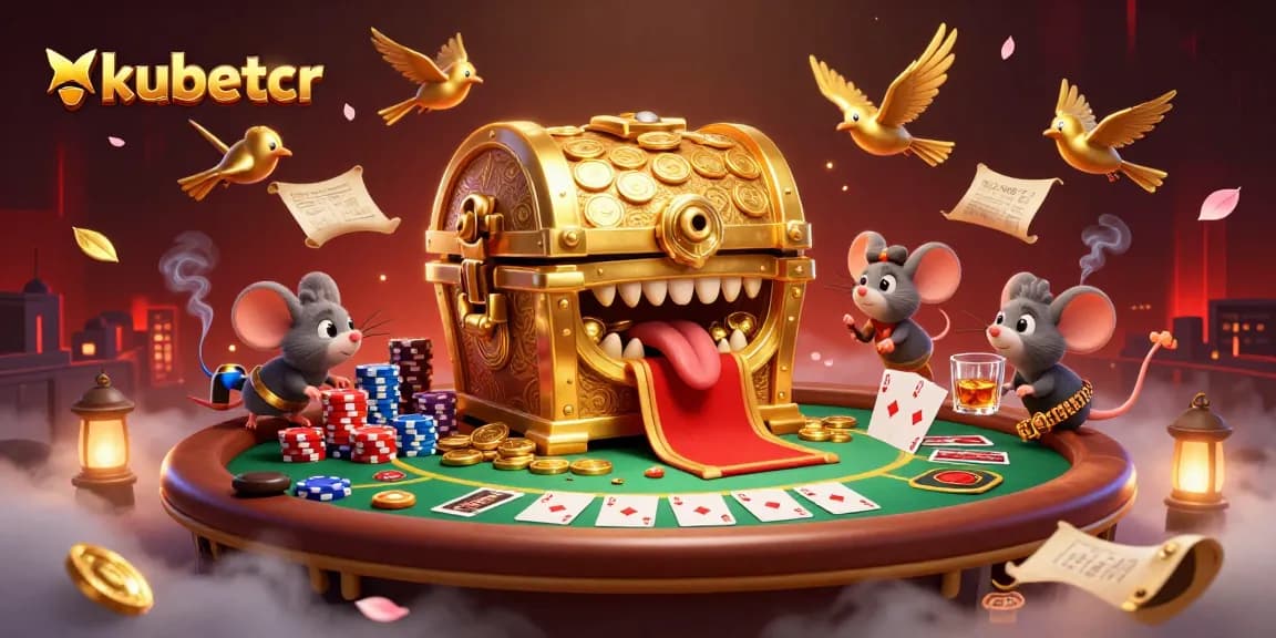 Experience excitement at kubetcr with a treasure chest and poker game elements in a vibrant casino atmosphere.