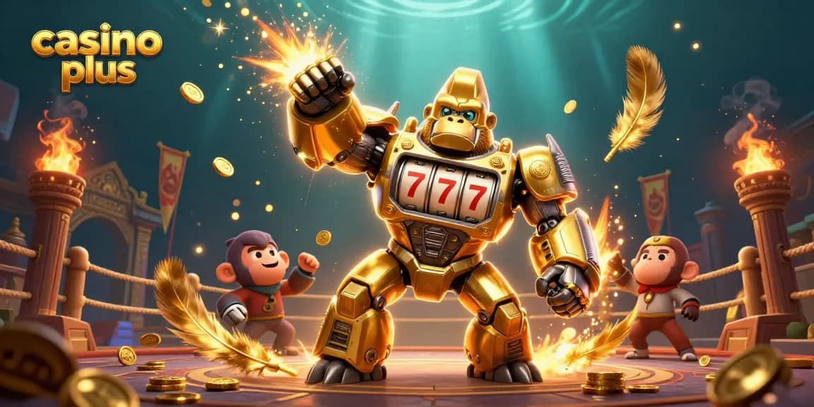 Engage in thrilling gameplay at casino plus with an explosive scene featuring a golden gorilla mech surrounded by casino elements.