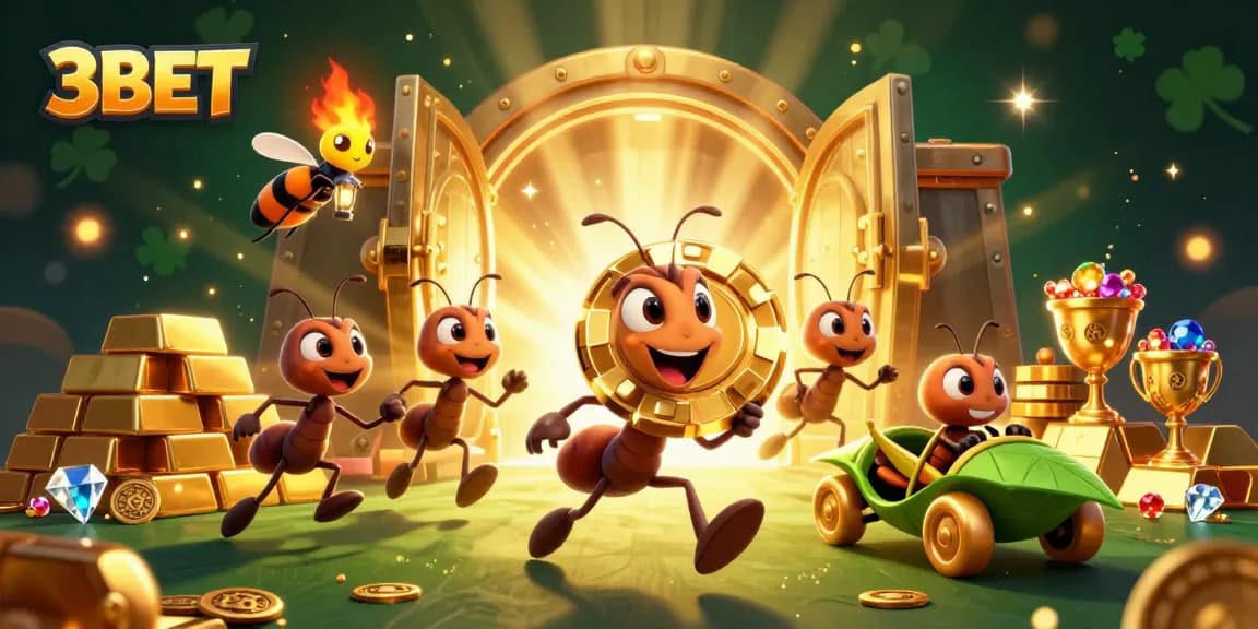 Ants pulling a giant 3BET poker chip in a heist scene filled with sparkling treasures.