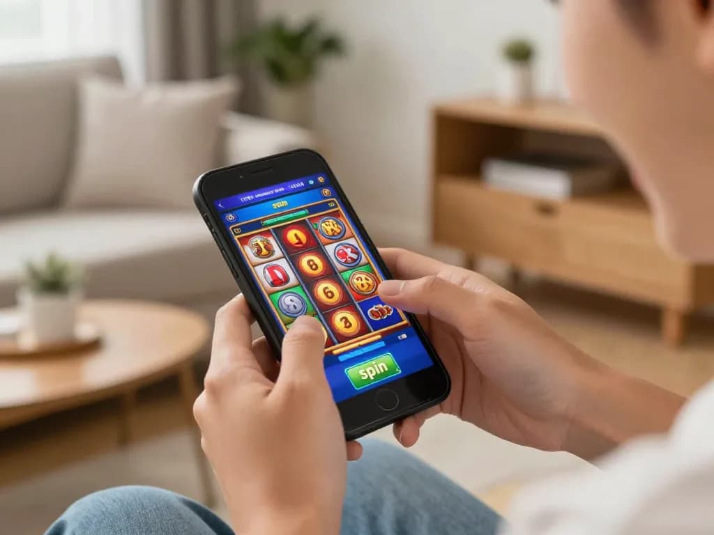 Người dùng Hitclub tham gia chơi trò chơi casino di động trên điện thoại thông minh trong một không gian ấm cúng tại nhà