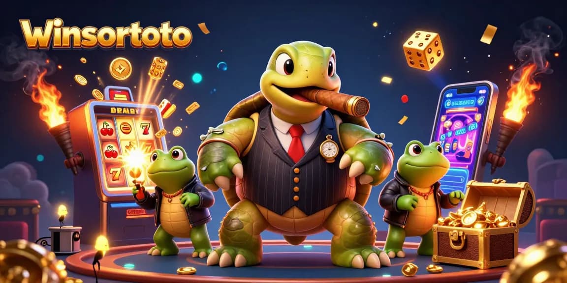 Menangkan jackpot besar di winsortoto dengan karakter kartun unik yang dikelilingi oleh mesin slot dan barang keberuntungan lainnya.
