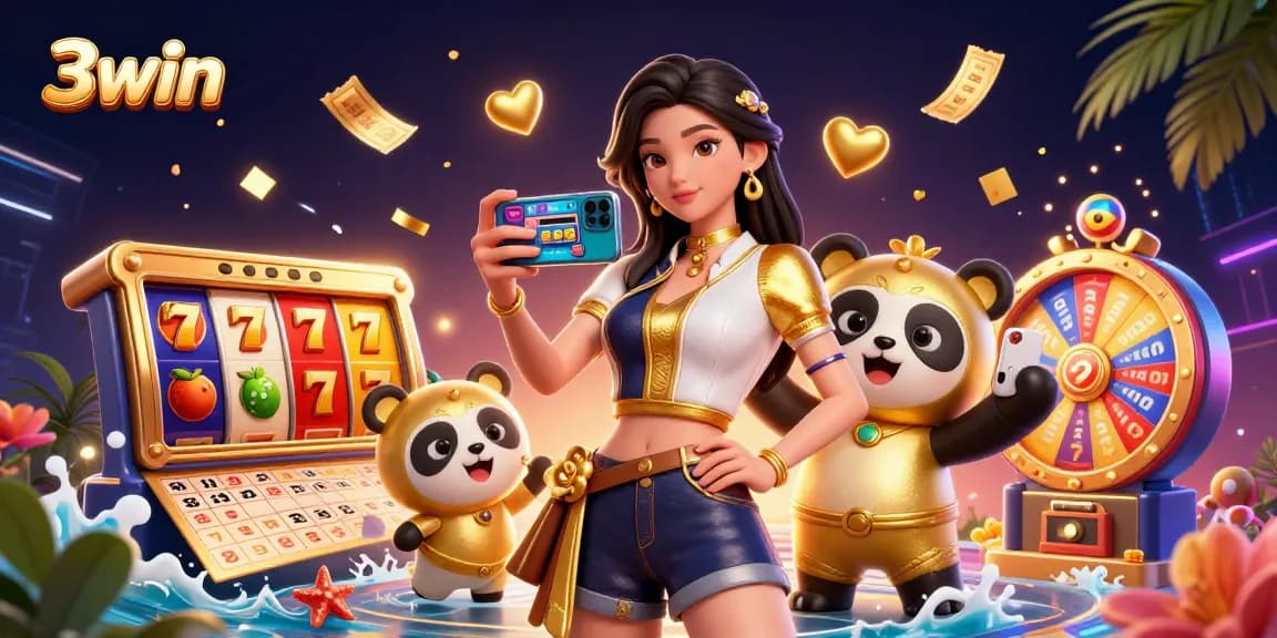 Engage with 3win's dynamic casino experience highlighted by vibrant slot reels and golden ticket confetti.