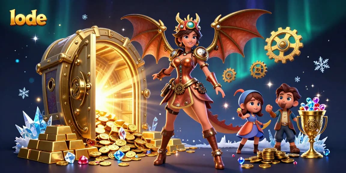 Experience lode's thrill with a steampunk-themed dragon and treasure, igniting excitement.
