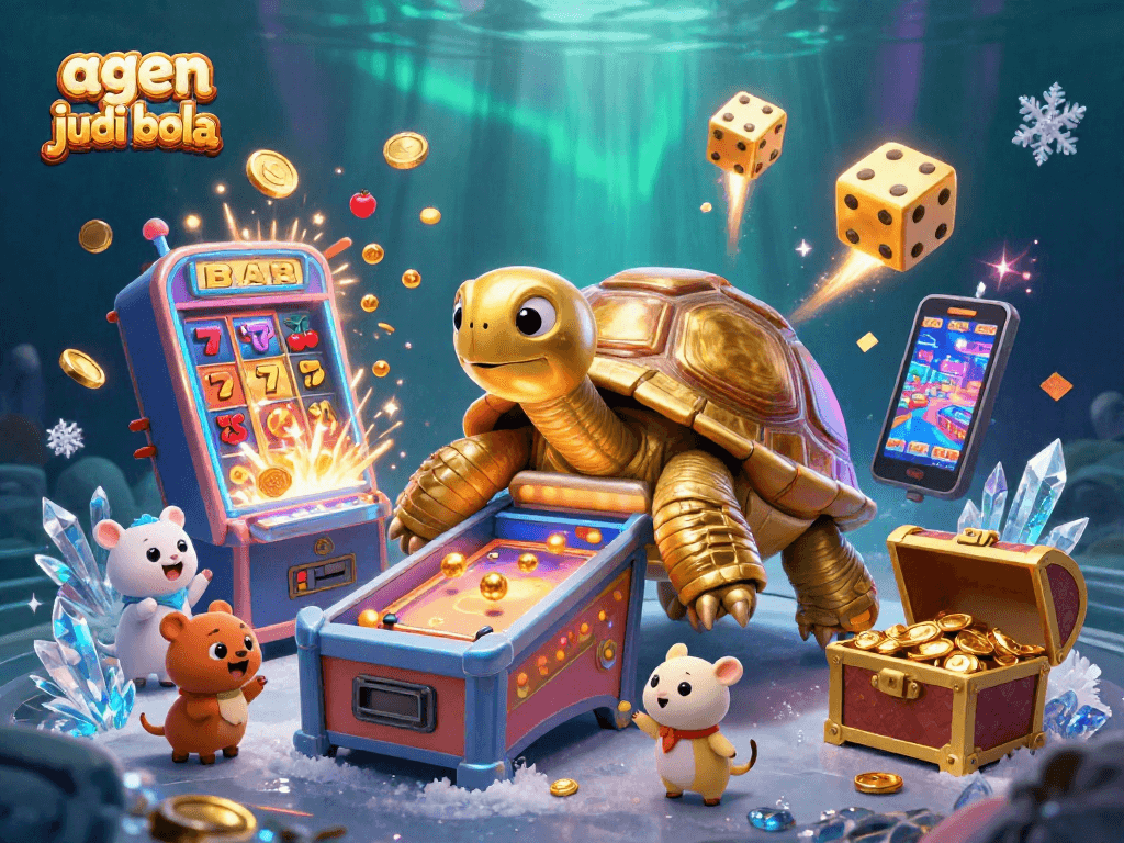 Experience thrilling agen judi bola action with a vibrant 3D illustration of a golden tortoise, showcasing casino fun and excitement.