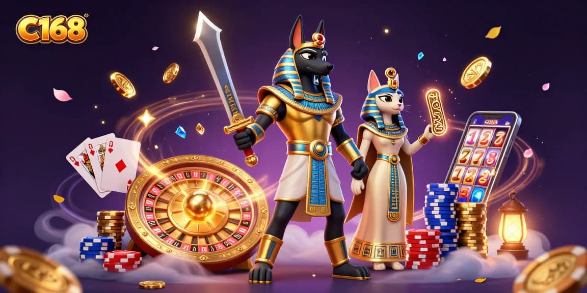 C168 offers thrilling gaming experiences with Anubis amidst cascading coins and roulette elements.