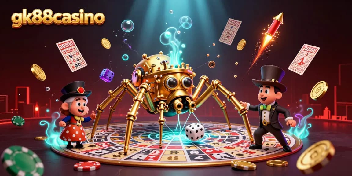 Engage with thrilling games at gk88casino, featuring a whimsical 3D steampunk scene filled with gambling excitement and vibrant decorations.
