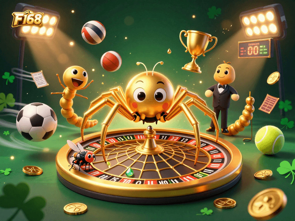 F168 gamblers place bets as a golden spider spins a roulette web in a vibrant casino scene