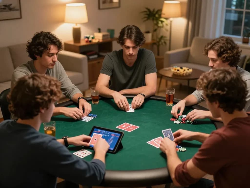 Players enjoying a strategic poker game night at home, focusing on MM88 online interface and chips.