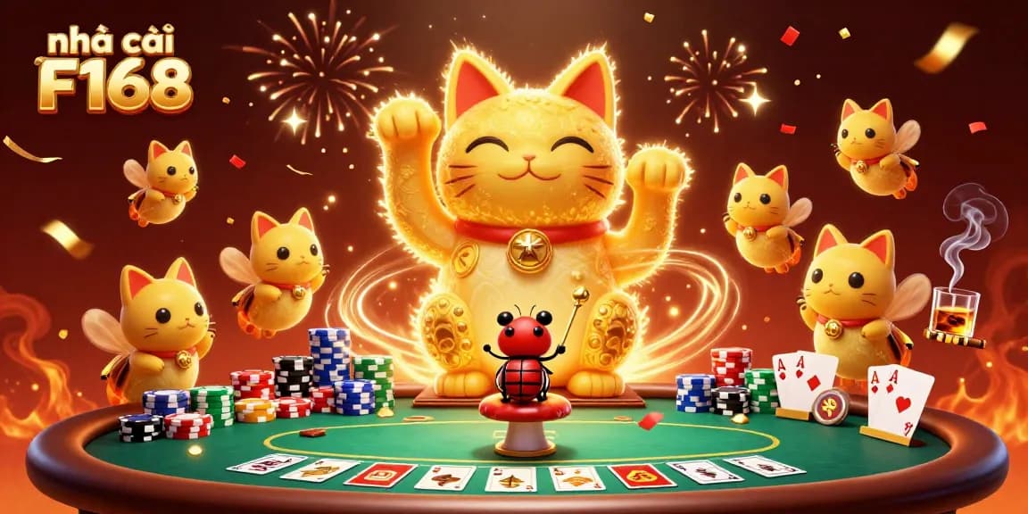 Engage with the vibrant world of nhà cái F168 featuring a dynamic lucky cat and poker elements.