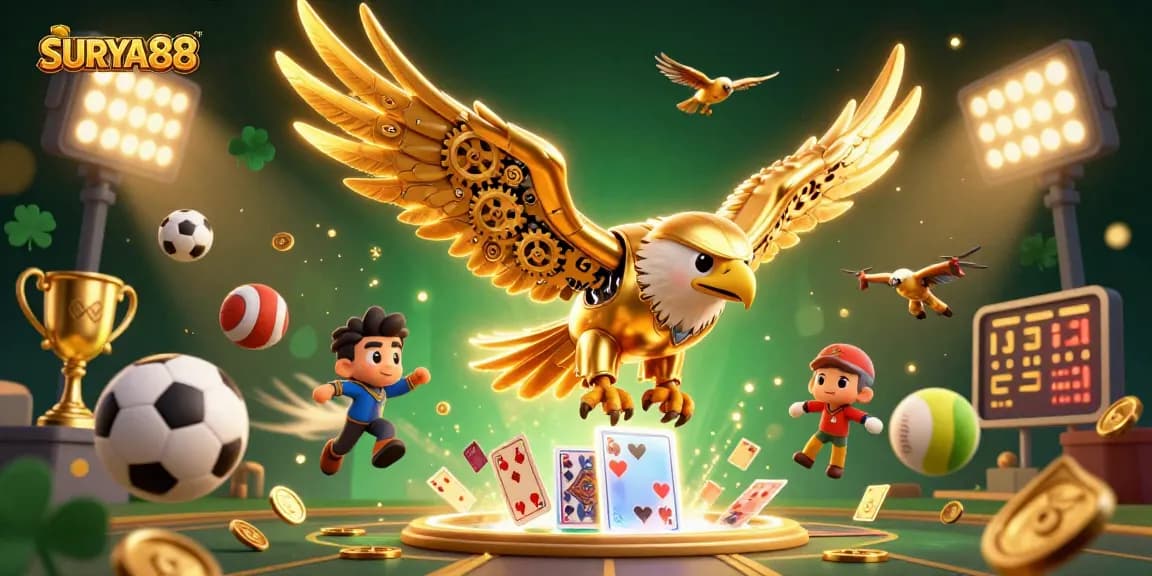 SURYA88 showcases a dazzling scene with a golden eagle amid vibrant sports elements and gaming energy.