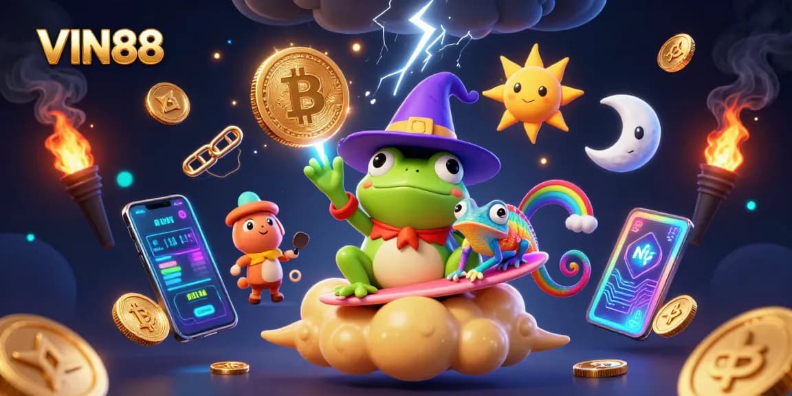 Experience gaming excitement at VIN88 with vibrant characters, golden coins, and digital assets