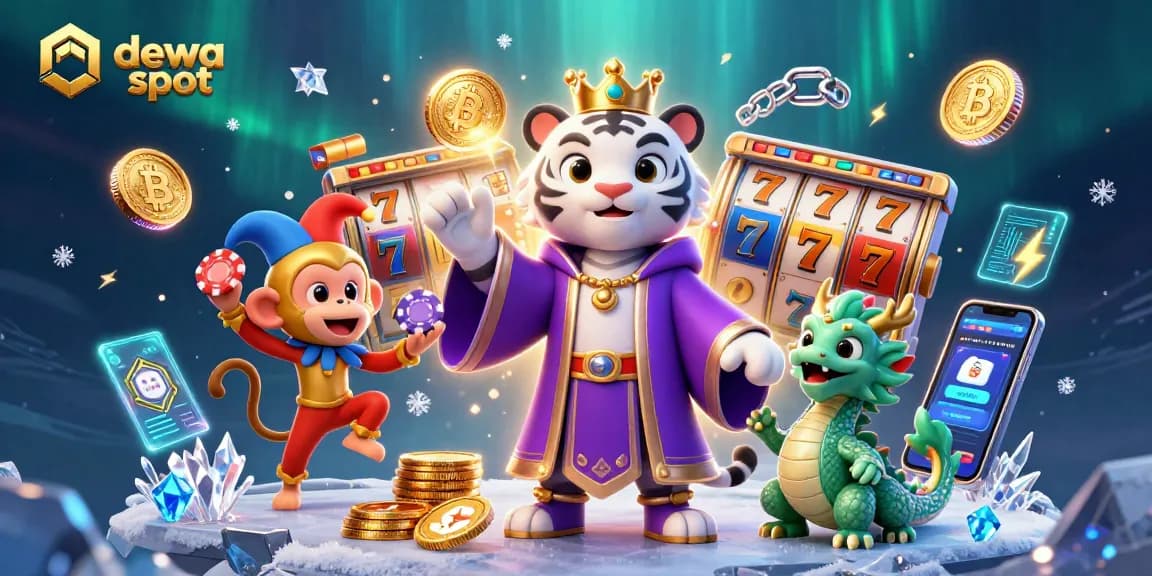 Engage with dewa slot games featuring a dynamic scene of characters surrounded by vibrant slot symbols and cryptocurrencies.