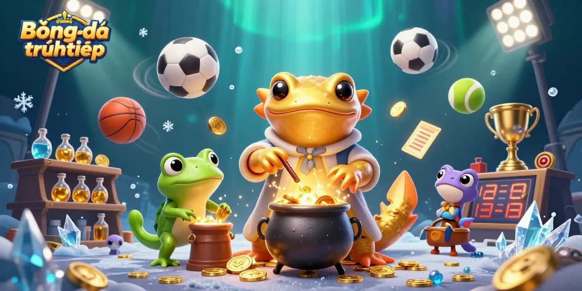 Bóngđátrựctiếp showcases a vibrant 3D casino scene with golden salamander alchemist and dynamic sports elements.