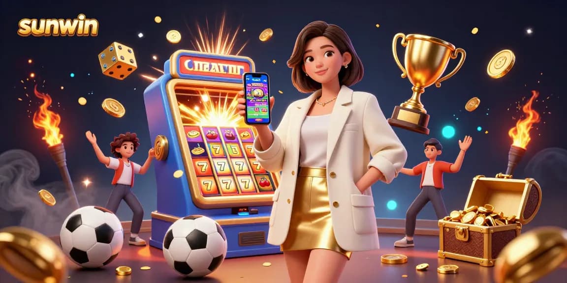 Engage with sunwin's vibrant casino experience showcasing a woman excitedly using a betting app amidst symbols of jackpots.