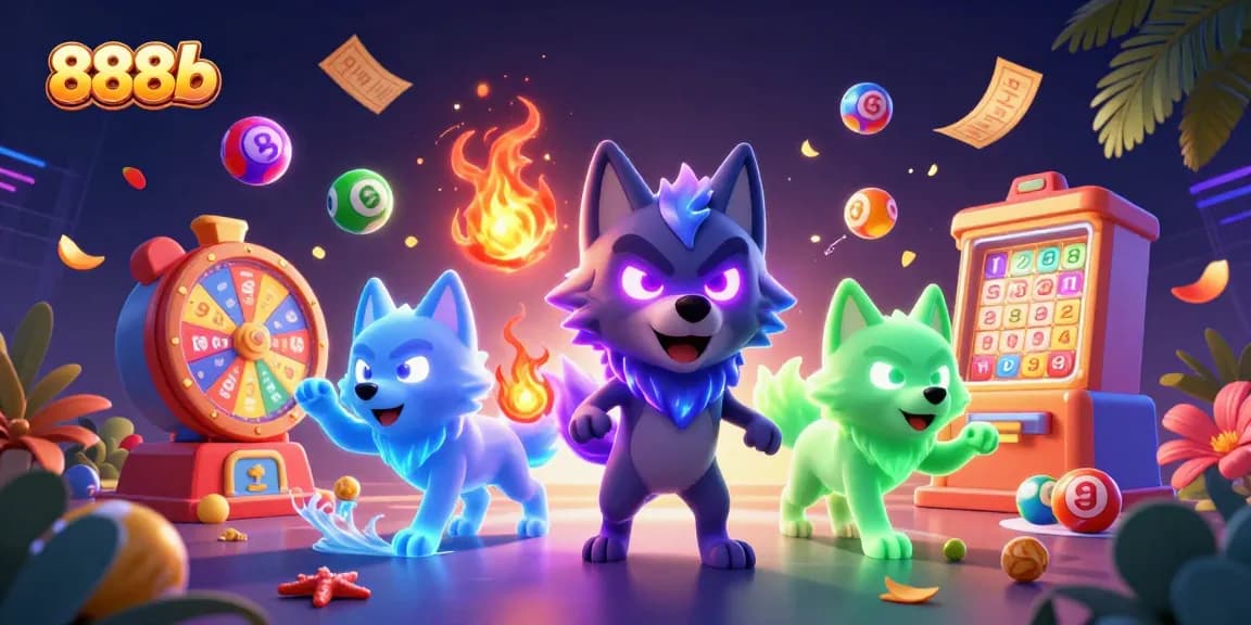 Engage with 888b's vibrant gaming scene featuring a dynamic cartoon wolf pack amidst colorful lottery elements.