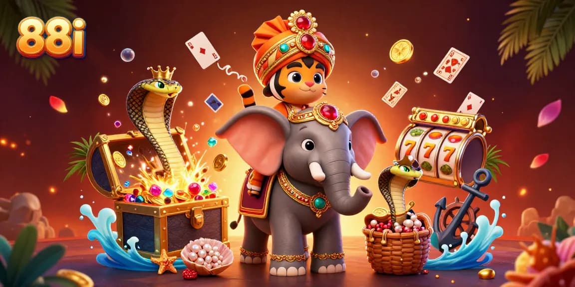Engage with 88i's rich world of online gaming featuring vibrant characters, slot elements, and immersive treasures.