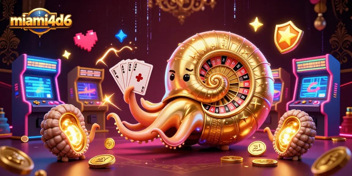 Experience miami4d6 with a vibrant 3D illustration of an ancient nautilus and casino elements.